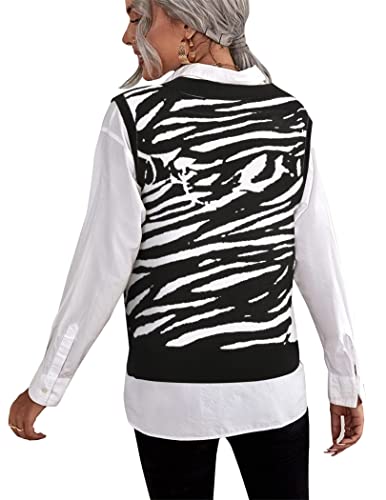 Elesol Women Knit Sweater Vest Sleeveless Loose V-Neck 90S Waistcoat Pullover Knitwear Top Zebra Xxl #TOP3