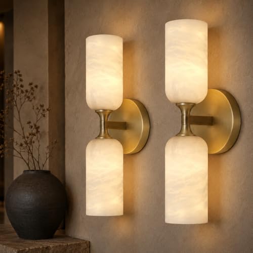 Image of Gold Alabaster Wall Sconces Set of 2, 14in Spanish Natural Marble Sconce, Modern Stone Wall Light, Dimmable Alabaster Vanity Light Hardwired Brass Wall Lamp for Bathroom Mirror, Bedroom, Hallway