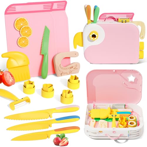 Montessori Kitchen Tools for Toddlers,Kids Knife for Real Cooking,Toddlers Knife Set with Storage Box Kids Safe Knives Children Cutting Set and Peeler,Montessori Toys for Kitchen Set -Pink