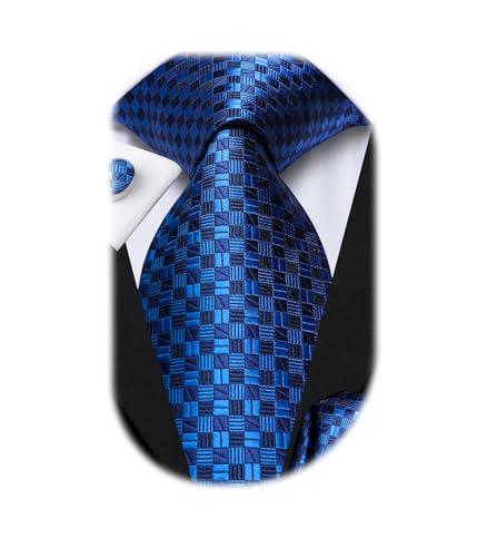 Hi-Tie Mens Plaids Royal Blue Ties Set Paisley Silk Necktie for Men with Handkerchief Cufflinks Set Business Wedding