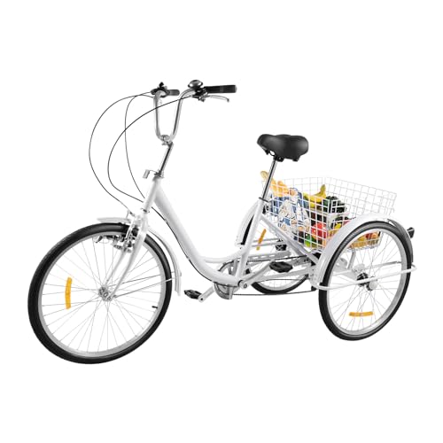 24 Zoll 6-Gang Dreirad für Erwachsene mit Licht & Einkaufskorb, 3-Rad-Cruiser-Fahrrad Lastenfahrrad Einkaufen Dreirad Erwachsenendreirad, Verstellbarer Sitz für Erwachsene SeniorenOutdoor-Sport