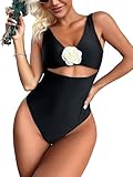 Floerns Women's Floral Appliques Cut Out Front V Neck One Piece Swimsuit Black L