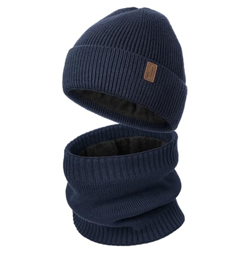 Wmcaps Winter Hat and Scarf Set for Men Women, Fleece Lined Knitted Beanie and Neck Warmer Soft Thermal Warm Accessories for Cold Weather, Unisex Christmas Birthdays Gift (Navy Blue)