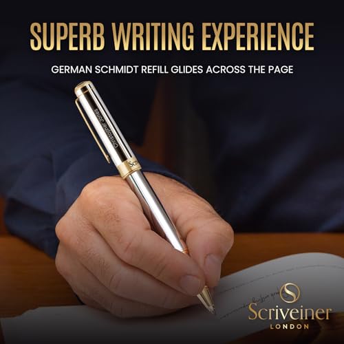 Image of Scriveiner Personalized Silver Chrome Rollerball Pen - Stunning Luxury Pen, Real Gold Plating, Schmidt Ink Refill, Best Engraved Roller Ball Gift Set for Men & Women, Custom Name Engraving