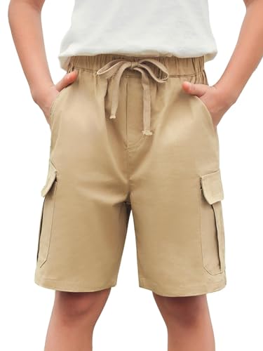 Haloumoning Pantalones cortos cargo para niños, pantalones cortos de verano, pantalones cortos deportivos, cintura elástica, pantalones cortos de ocio, caqui, 12-14 años