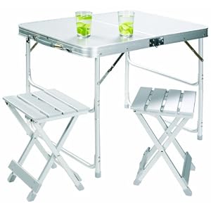 Grand Canyon Koffertisch Set – Campingtisch inkl. Hocker, klappbar, Aluminium, silber, stabiler Klapptisch für Camping, Festival, Picknick, für 2 oder 4 Personen