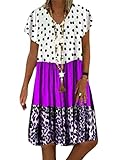  ORANDESIGNE Robes Casual Femme T-Shirt Robe Trapèze Mi-Longue Robe de Plage Vacances Col V Florale Imprimé Pois Boho Décontractée Robe Ample Midi Robe H Violet 34