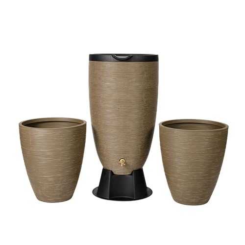 Image of Newport 50‑Gallon Flat‑Back Rain Barrel with Stand & Planter Bundle - Sandstone | Removable Lid, UV-Stabilized Outdoor Water Storage