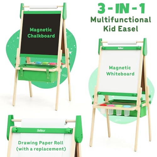 Belleur All-in-One Art Easel for Kids, Adjustable Double Sided Easel for Toddlers with Magnetic Whiteboard & Dry-Erase Chalk Board & Paper Roll, Child Painting Easel for Kid 2-8 Birthday Gift-Green - Image 3