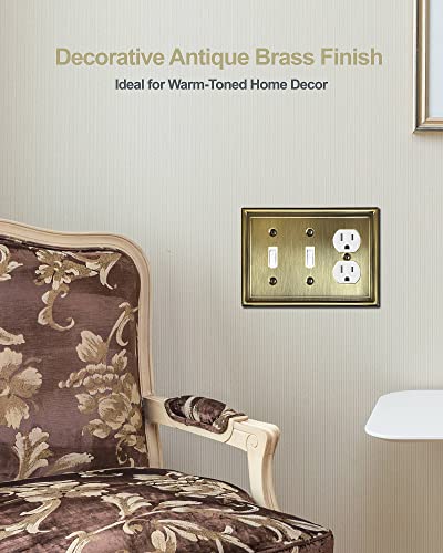 Zillsea Combination 2 Toggle And 1 Duplex Metal Wall Plate, 3-Gang Switch Plates And Outlet Covers, Decorative Antique Brass Finish, Corrosion Resistant, 2-Pack, Midsize #TOP2