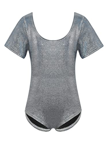 Yeahdor Girls Gymnastics Dance Leotard Short Sleeve Shiny Metallic Ballet Dance Bodysuit Stage Performance Dancewear Black 8-9 Years