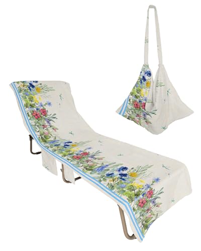 Pastoral Botanical Beach Lounge Chair Towel Cover, Soft Chaise Lounge Towel with Side Pockets Patio Pool Chairs Cover for Beach/Pool Sunbathing 29x85 Rustic Spring Floral Summer Dragonfly