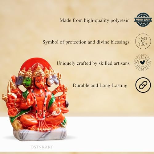 Image of Resin Hanuman Ji Murti Panchmukhi Hanuman For Door Entrance Temple Home & Office Decor Living Room Decoration Gift For New House Warming Ceramony Balaji Idol Evil Eye 6.3 cm Orange