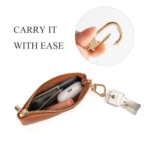 Image of Full Grain Leather Coin Purse with Key Chain - Small Change Purse Keychain Card Holder Keychain Pouch Small Keychain Wallet for Women and Men (Brown, Large Size)