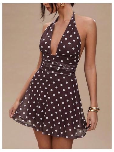 Milumia Women's Polka Dots Ruched Backless Halter Mini Dress Sexy Deep V Neck A Line Short Dresses4