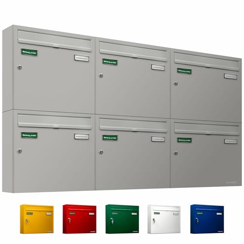 AL Briefkastensysteme Basic 6er Briefkasten RAL 9006 Weiß Aluminium Silber Edelstahl-farbig 6 Fach DIN A4 wetterfest Briefkastenanlage mit Posthaltebügel und 2 Namensschildern AL Briefkastensysteme Basic 6er Briefkasten RAL 9006 Weiß Aluminium Silber Edelstahl-farbig 6 Fach DIN A4 wetterfest Briefkastenanlage mit Posthaltebügel und 2 Namensschildern