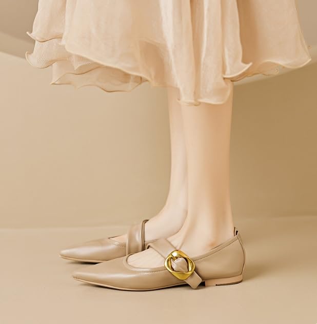 Women's Mary Jane Flats Adjustable Metal Buckle Fashion Pointed Toe Low Heel Flats Comfortable Dress Flats (Khaki,10)2