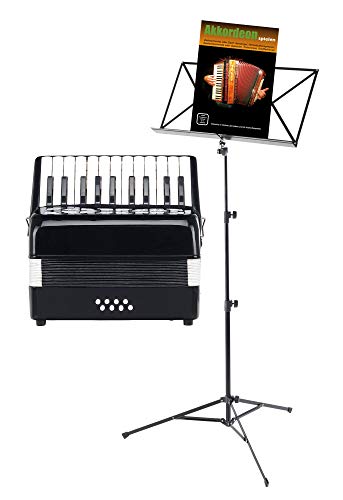 Classic Cantabile Secondo Kinder Akkordeon 8 Bass Set (Kinder-Akkordeon mit 8 Bässen, inkl. Gurt, Tasche, Notenständer & Schule) Schwarz