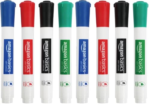 Image of Amazon Basics Low-Odor Dry Erase Whiteboard Markers, Chisel Tip, Quick-Dry, Black, Red, Green, Blue, 8-Pack