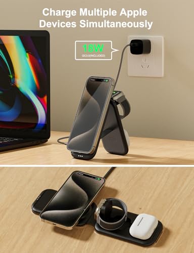 3 in 1 Magnetic Wireless Charging Station for Apple Device, Fast Mag-Safe Charger Stand, Travel Charging Pad for iPhone 15/14/13/12, iWatch Series 9-2, AirPods 3/2/Pro 2/Pro (Adapter Included)