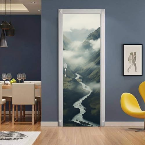 REDAMANCY Smoky Green Mountain River Meadow Landscape Peel and Stick Stickers Vinyl Door Mural Decals Decor Modern Self-Adhesive, Waterproof, Removable by REDAMANCY - Used condition - Image 3