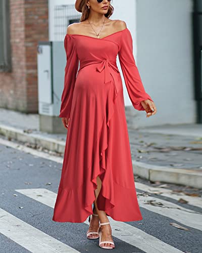 Ouges Womens Wrap Maxi Nursing Maternity Dresses For Photoshoot Baby Shower(Peach Red,L) #TOP3