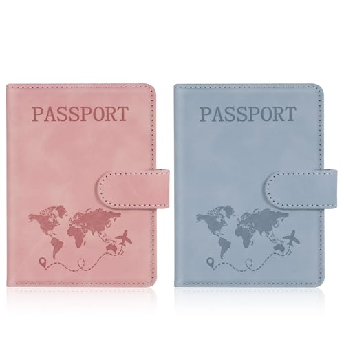 AOOTE Capa para passaporte de couro de PU, 2 peças porta-passaporte com bloqueio RFID, acessórios de viagem unissexo para passaportes cartões de crédito capa cartão identific