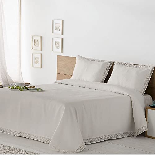 DON ALGODON Colcha Kaia Beige Natural con PUNTILLA Vintage (Cama 105 (200 x 270 cm.))