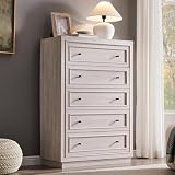 ACCOHOHO 5 Drawer Dresser with Two Included Base Styles, 46' Tall Chest of Drawers, Transitional Modern Closet Dresser with Antique Brass Knobs, Wooden Dresser for Bedroom, Living Room, White Alder