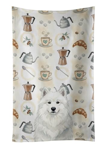 Caroline's Treasures White Samoyed Coffee Bar Kitchen Towel Velour Plush Front and Cotton Loop Back Machine Washable