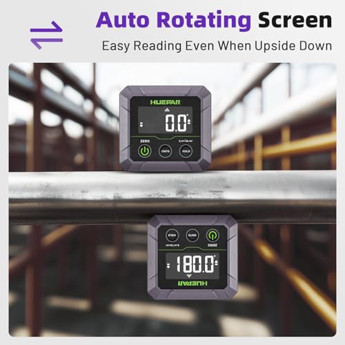 Huepar Professioneller digitaler Winkelmesser, stark magnetisch, ±0,1° Genauigkeit, Präzisions-Neigungsmesser mit digitaler Winkelanzeige, 0–90 oder 0–180 Winkel, VA-LCD-Display, 360°-Flip-Screen