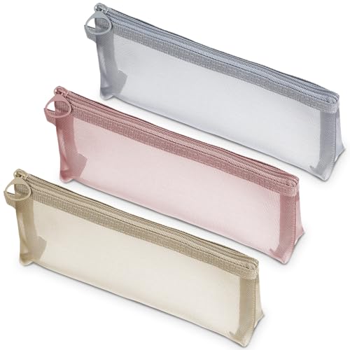 Yuanchu 3 Pcs Mesh Makeup Brush Bags with Zipper, Portable Nylon Zipper Pouch Bags Cosmetic Organizer Pouches for Travel Home Office Makeup Brushes Small Items, Gray, Pink, Khaki