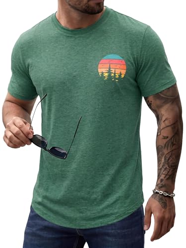 Comdecevis Mens Sunset Graphic Crewneck T-Shirt Lightweight Quick Dry Athletic Muscle Tees for Gym Workout,Green, XL