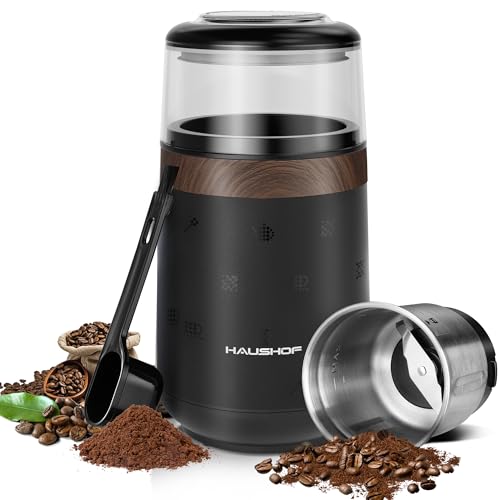 Image of HAUSHOF Electric Coffee Grinder, One Touch Coffee Bean and Spice Grinder | Coffee Grinders for Home Use, Grinder for Beans, Spices, Herbs and Seeds with Stainless Steel Grind Blade, Dry Grinder-Black