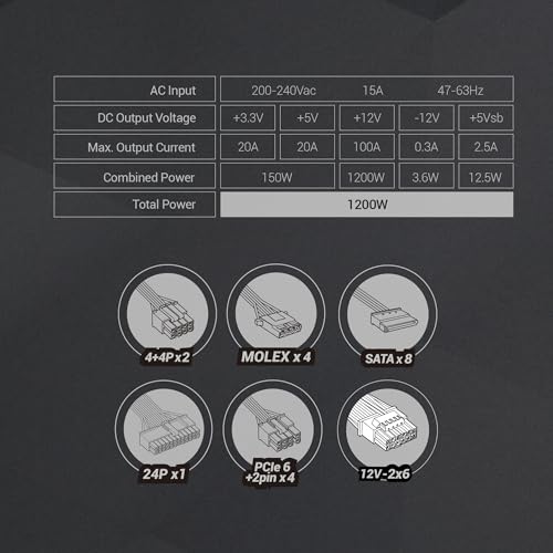 MPB1200PSI, Alimentatore PC Full Modular 1200W, 10 Anni di Garanzia, 80Plus Gold 90%, Ventola SI Extreme Silence, Tecnologie AI2-RPM, DC-DC e SMD, ATX 3.1 e PCIe 5.1 Bianco - Alimentatore - Immagine 5