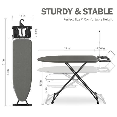 APEXCHASER Ironing Board, Compact Iron Board with Iron Rest and Hanger, Heat-Resistant Cover & 7 Adjustable Heights, Heavy Duty Ironing Board with Garment Rack, 13x43 Black - Thumbnail 2