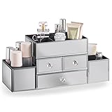 Beautify Large Mirrored Glass Jewelry Box and Cosmetic Makeup Organizer with 3 Drawers and 9 Sections