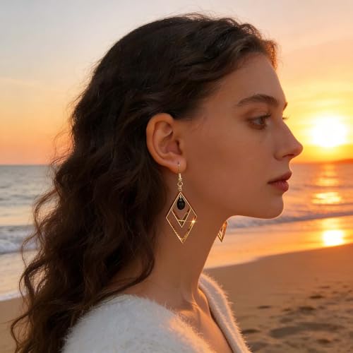 Cybche Boucles D'oreilles Losanges Carrées Boucles D'oreilles Carrées Creuses Boucle D'oreille Géométriques Pendantes Boucle D'oreille Crochet Onyx Noir Boucl D'oreill Gouttes Boucl D'oreill – vue 3