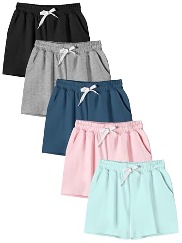 KIDDORY Girls Athletic Shorts Cotton Biker Shorts with Pockets for Kids Soccer Volleyball Active Gym (US, Age, 12 Years, 14 Years, 5, Black, Linen Gray, Light Navy Blue, Light Pink, Powder Blue)