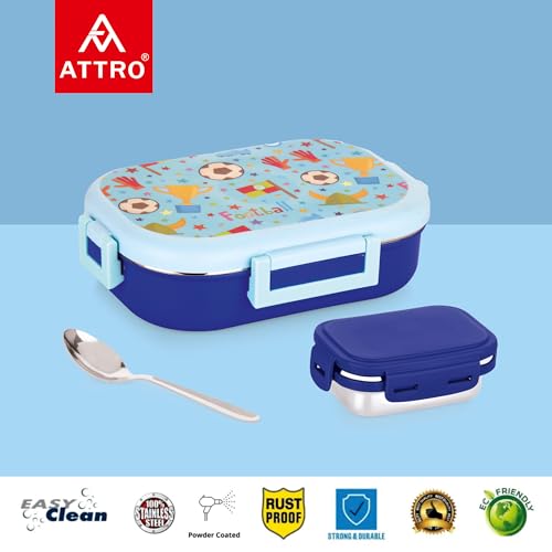 Image of Attro Food Time Deluxe Stainless Steel Lunch Box with 1 Small Container & Eyecatchy Prints Airtight & Spillproof - 750ml+250ml Football Light Blue Dark Blue