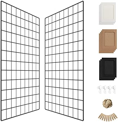 Wall Photo Grid Shelf, Wall Hanging Ins Art Display Grid Panel for Decor & Storage, Metal Wire Notice Boards & Memo Board, Mesh Tool Organiser, Wall Photo Frame 2 Pcs (Black, 25.6 x 17.7 inches)