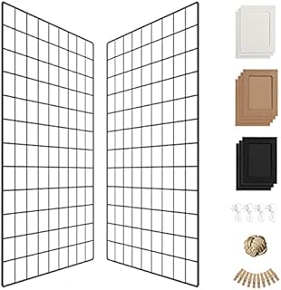 Wall Photo Grid Shelf, Wall Hanging Ins Art Display Grid Panel for Decor & Storage, Metal Wire Notice Boards & Memo Board, Mesh Tool Organiser, Wall Photo Frame 2 Pcs (Black, 25.6 x 17.7 inches)