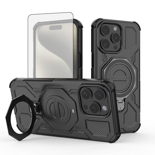 Coque iPhone 15 Pro Max béquille rotative anneau métallique et écran verre trempé ultra-robuste
