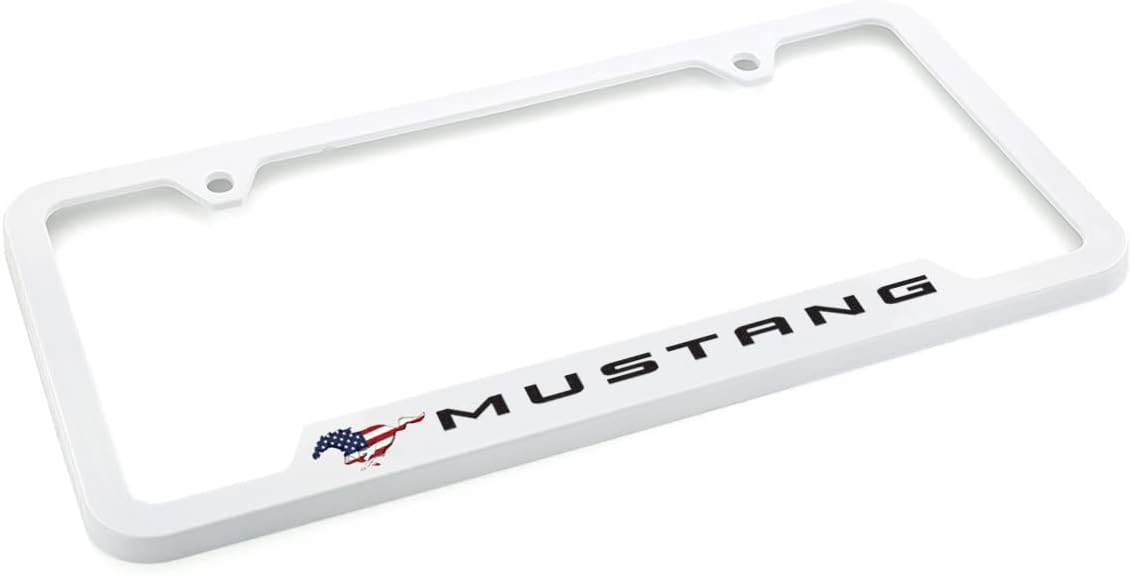 Ford Mustang Wordmark with Patriotic Logo UV Printed White ABS Plastic License Plate Frame Holder