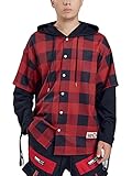 Características: camisa a cuadros para hombre con mangas largas, capucha con cordón, cierre con botones, diseño falso de dos piezas, correas con letras decorativas, blusas holgadas con capucha