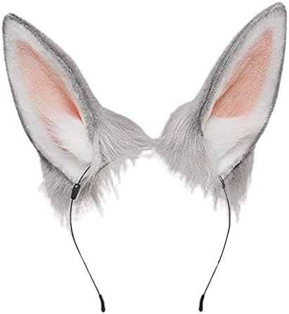 BNLIDES Handmade Fur Rabbit Ears Headwear Women Men Cosplay Costume Party Cute Head Accessories for Halloween (Long Ears Grey)