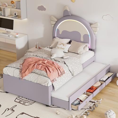 PUGSDRLY Lit Enfant 90x200cm avec lit Extensible 90x190cm et 3 Tiroirs,Lit Fille avec Tête en Forme de Licorne et Bande LED,Cadre avec Sommier à Lattes,sans Matela (Pourpre, 90x200)