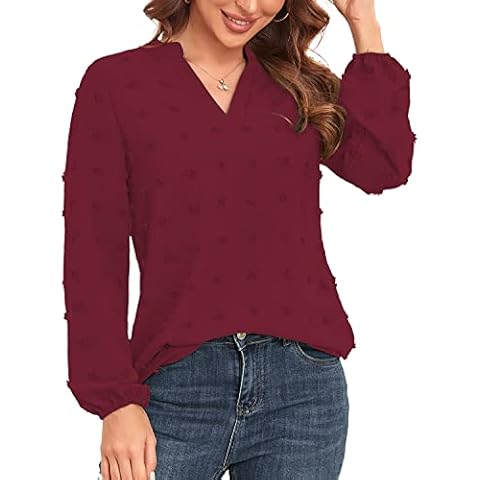 Jaksenr Blouses for Women UK V Neck Long Sleeve Chiffon Casual Tunic Polka Dot Women's Blouses Shirts(Wine Red&XL) Cover