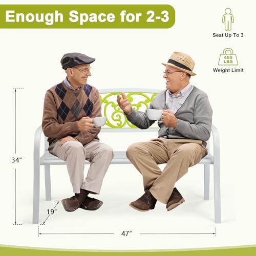 Image of VINGLI Outdoor Bench for Patio Metal Garden Bench w /PVC Back Pattern, Black Park Benches Front Porch Benches for Yard Lawn Decor Deck Entryway (White&Green)