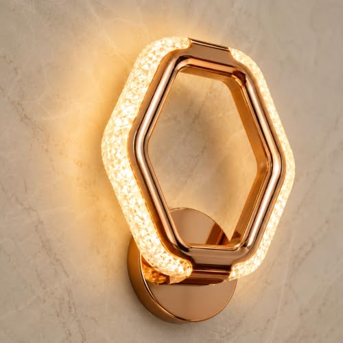 Image of fizzytech Crystal LED Wall Light, Modern Gold Finish Decorative Wall Lamp with 3 Colour Changing Modes for Living Room, Bedroom, Hallway & Home Decor (Hexagon, Pack of 1)